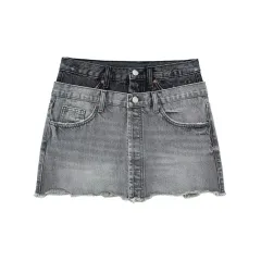 Women's High Waist A- Line Cotton Denim Skirt - Grey - View 1