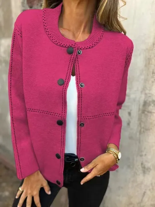 Ins Black striped Button Cardigan Fashion Sweater Loose Round Neck Long Sleeve Cropped Tops Women's Clothing Rose Red - Shop at LoveMi