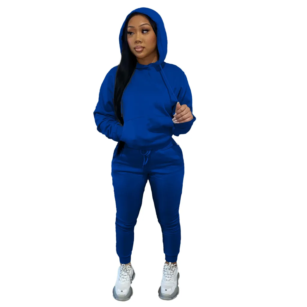 Brushed Hoody Women's Two-piece Hoodie Suit Casual Sports Suit - Sapphire Blue