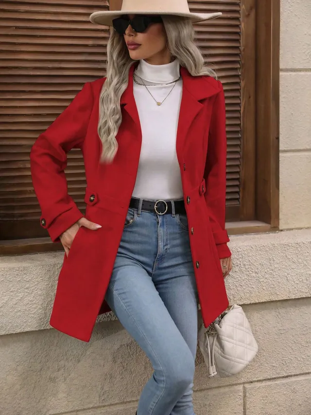 Elegant Single breasted Woolen Coat Buttons Lapel Mid length Jacket Temperament Commuter Outwear Clothing For Women Red - Shop at LoveMi