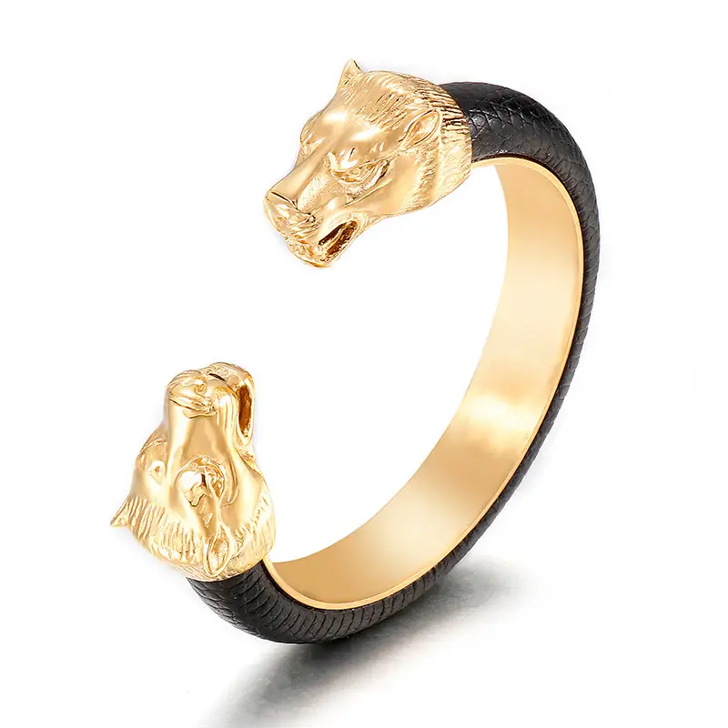 European And American Fashion & Trend Men's Punk Titanium Steel Wolf Head Open Leather Bracelet