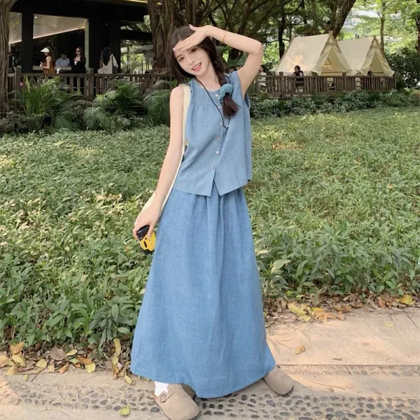 New Summer Sleeveless Ice Silk Denim Blue Vest Skirt Two piece Set For Women Suit - Shop at LoveMi