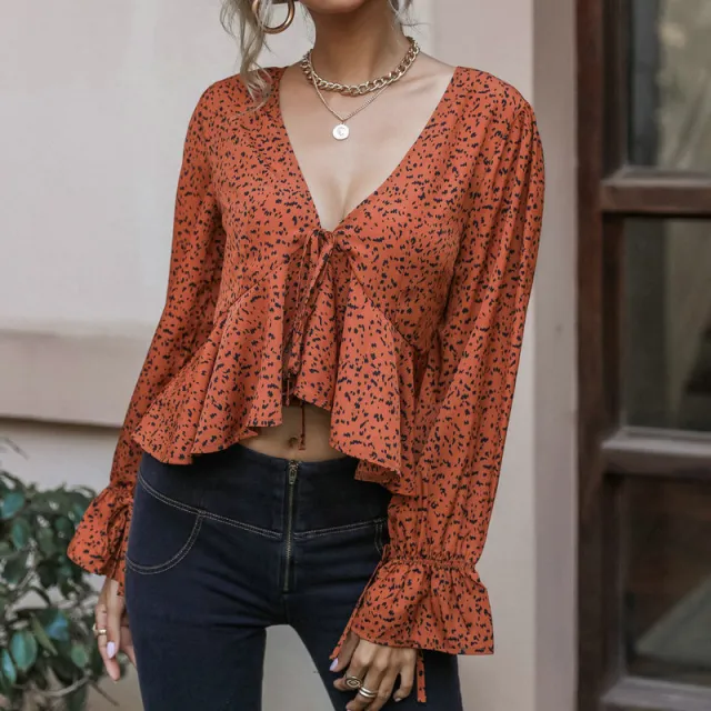 Bell Sleeve Leopard Print Lace up Long Sleeve Exposed Navel Ruffled Irregular Top Orange Black - Shop at LoveMi
