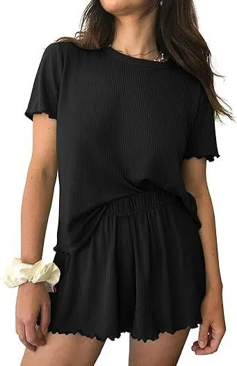 Relaxed Casual Cre Neck Short Sleeve Top And Shorts Set Black - Shop at LoveMi