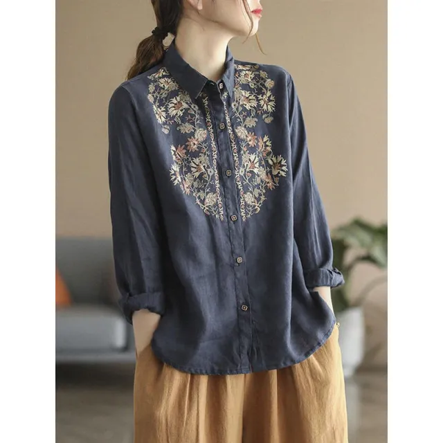 Womens Stylish, Loose fitting Cotton linen Long sleeve Embroidered Shirt Navy - Shop at LoveMi