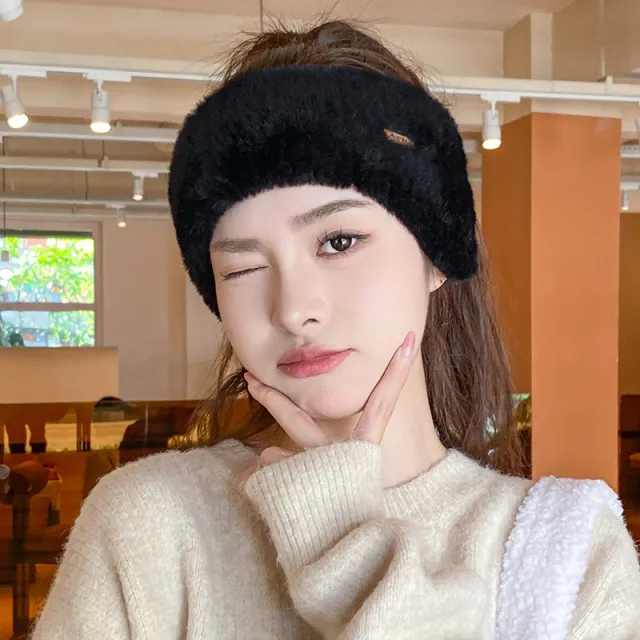 Headband Earmuffs Hat Winter Warm Plush Air Top Knitted Hat Black - Shop at LoveMi