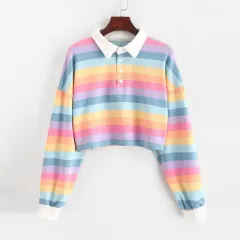 Women's Fashionable Simple Striped Polo Collar Sweater - Pink - View 1