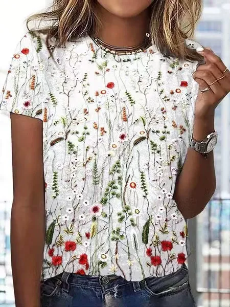 European And American Loose Round Neck Short Sleeve Floral Printed T shirt White - Shop at LoveMi