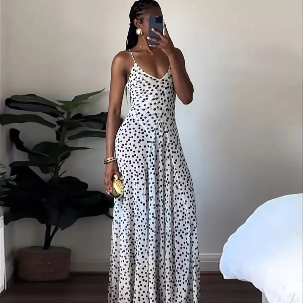 Street Shot Polka Dot Print Sleeveless Sling High Waist Dress