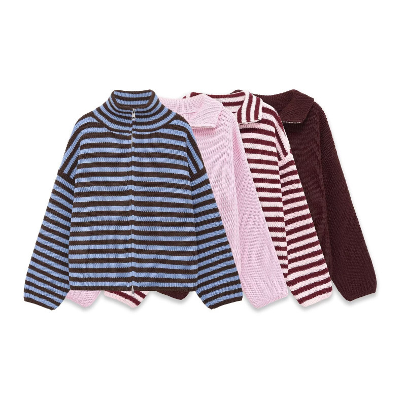 Women's Striped Knitted Jacket With Double Zippers