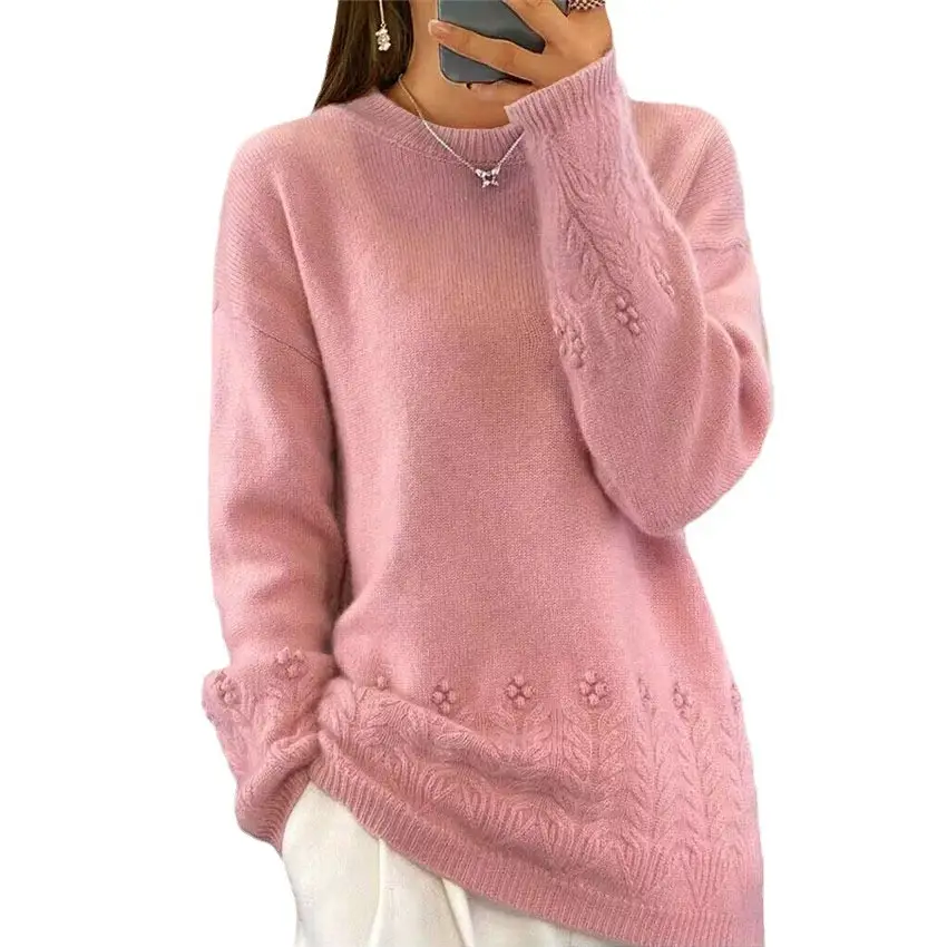 Women's Round Neck Solid Color Sweater Top Vintage Crocheted Pullover