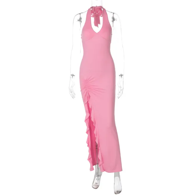 Summer New V neck Halter Split Sexy Backless Dress Pink - Shop at LoveMi