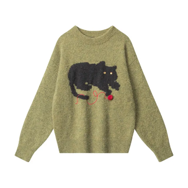 Cat Sweater Women's Autumn And Winter Lazy Leisure Pullover Knitted Green - Shop at LoveMi