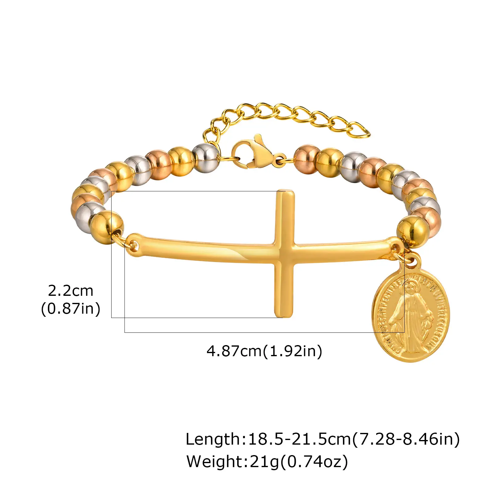 Stainless Steel Cross Pendant Oval Tag Tricolor Beaded Bracelet Gold Color