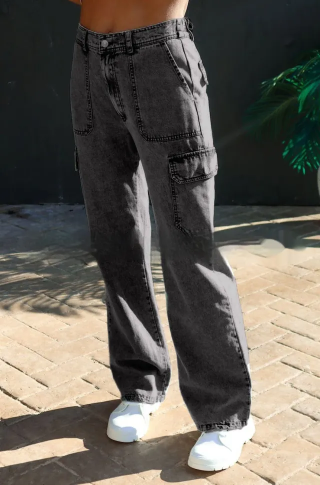 Women's Pure Cotton Wash Denim Multi pocket Cargo Pants Floral Black - Shop at LoveMi