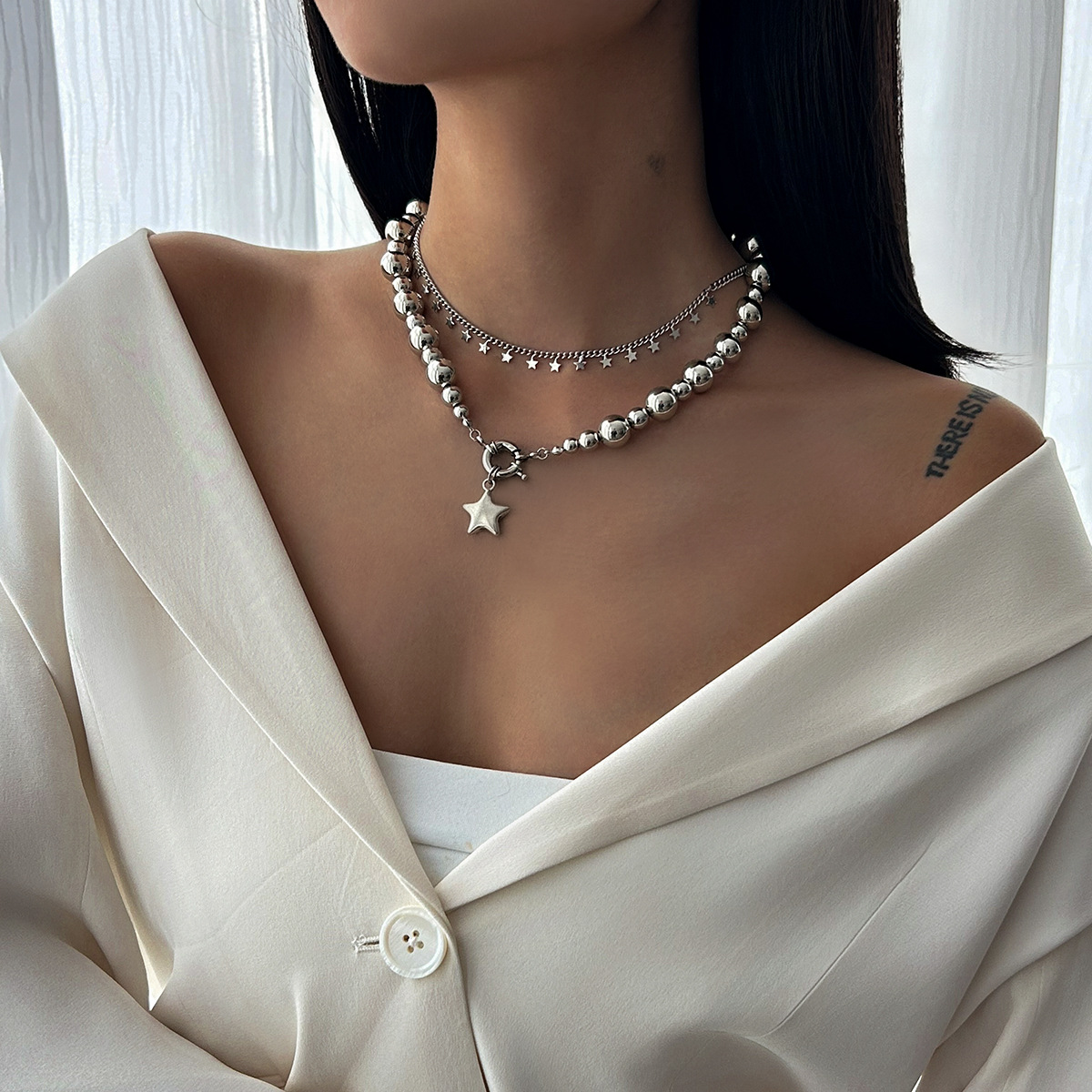欧美跨境饰品简约五角星合金吊坠项饰时尚串珠项饰项链Necklace