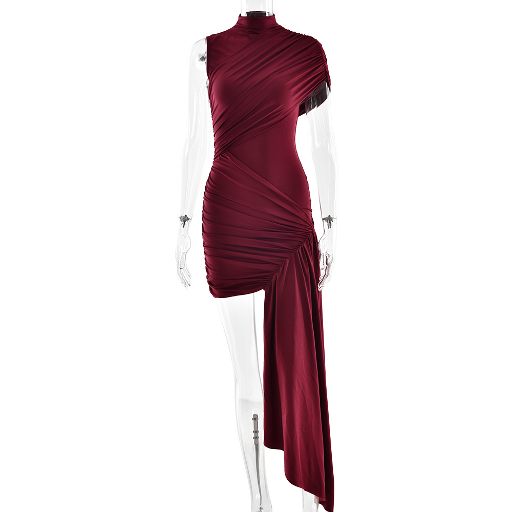 Women's Solid Color Irregular Ribbon Bodycon Dress Red - Shop at LoveMi