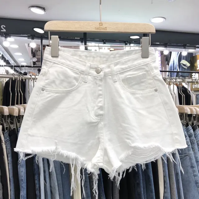 Women's Fashion Casual High Waist Ripped Tassel Raw Edge Denim Shorts White - Shop at LoveMi