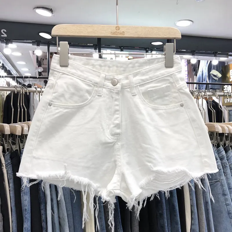Women's Fashion Casual High Waist Ripped Tassel Raw Edge Denim Shorts - White