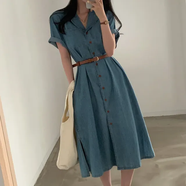 Korean Style French Style Retro Lapels Short Sleeve Denim Dress Light Blue - Shop at LoveMi