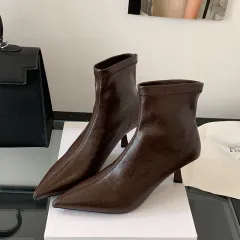 Women's Fashion Pointed Toe Stiletto Heel Ankle Boots - Brown - View 1