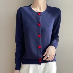 Round Neck Cardigan Red Heart Buckle Sweater For Women - Purplish Blue - View 1