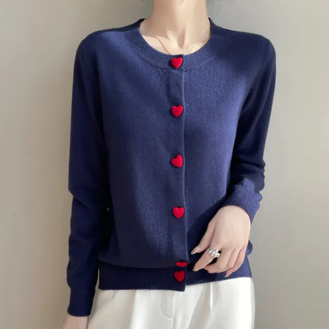 Round Neck Cardigan Red Heart Buckle Sweater For Women Purplish Blue - Shop at LoveMi