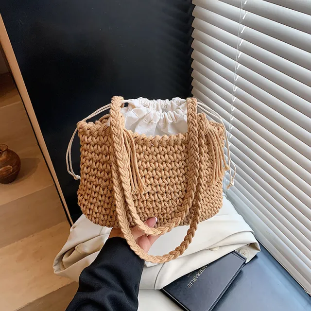 Woven Large Capacity Casual Special interest Design Personalized Beach Shoulder Bucket Bag Khaki - Shop at LoveMi
