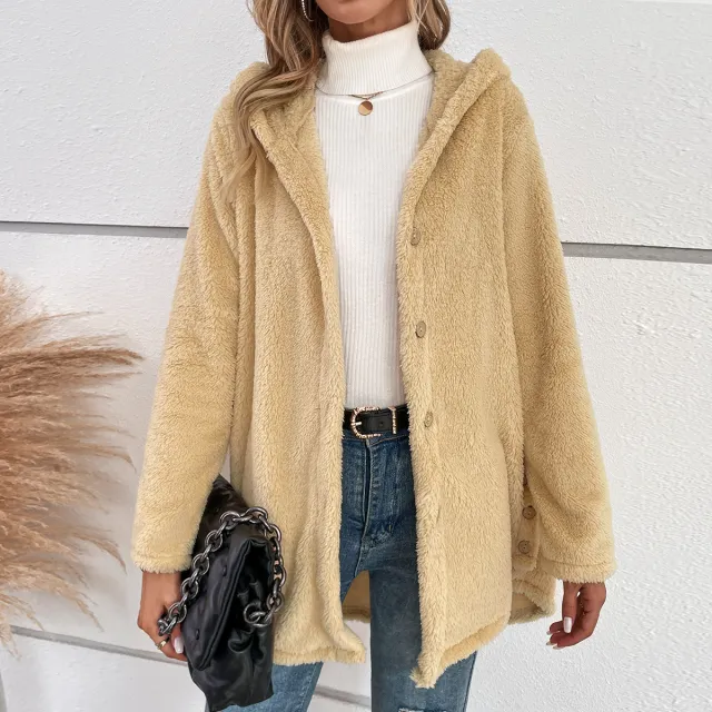 Button Plush Irregular Solid Color Hooded Jacket Apricot - Shop at LoveMi