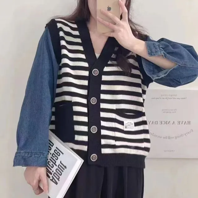 False Two piece Patchwork Denim Sweater Coat Loose V neck Striped Sweater Black - Shop at LoveMi