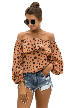 Women's Off-shoulder Puff Sleeve Dot Top T-shirt - Yellow - View 1