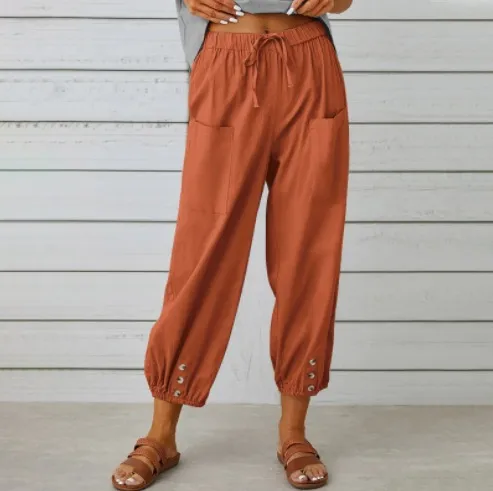 Loose High Waist Button Cotton And Linen Trousers Cropped Pants Wide Leg Women's Pants - Brick Red