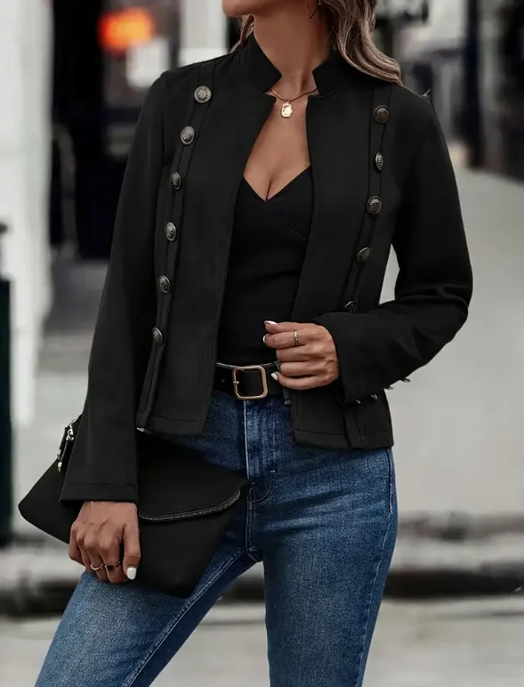 Women's Solid Color Double breasted Decorative Deerskin Velvet Retro Long sleeved Jacket Black - Shop at LoveMi