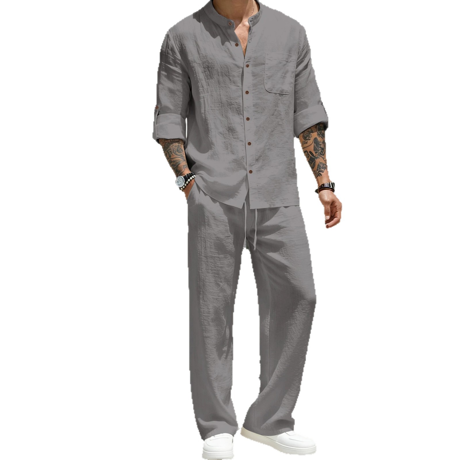 Mens Solid-Color Linen Long-Sleeve Shirt And Pants Two-Piece Set 5