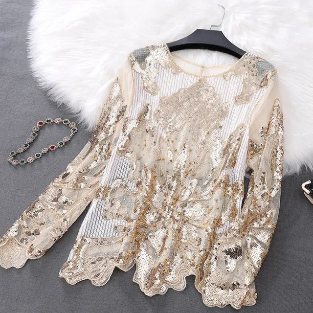Petal Long Sleeve Beaded Sequins Slimming Lace Versatile Mesh Plus Size Top Apricot - Shop at LoveMi