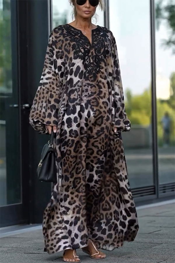 Women's Loose Leopard Print Long Sleeve Plus Size Dress