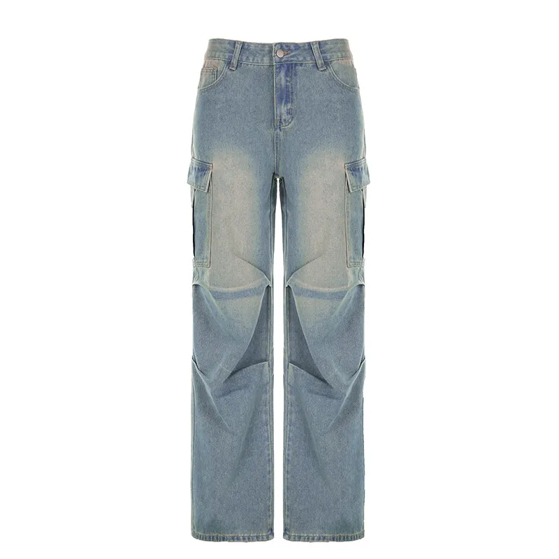 Personalized Pleated Loose High Waist Tooling Pants - Blue
