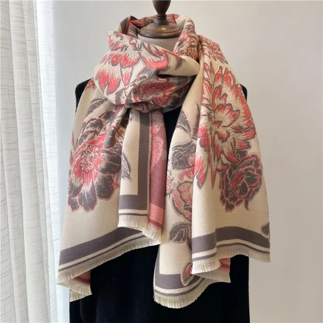 Artificial Cashmere Scarf Women's Vintage Ethnic Style Warm Gift Scarf Shawl Beige Pink - Shop at LoveMi