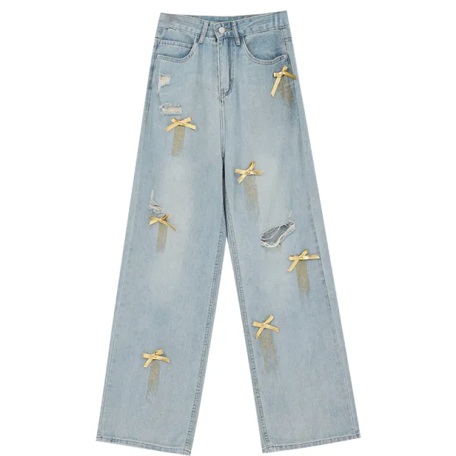 Women's Bow Wide Leg Retro Ripped Straight Jeans Gold - Shop at LoveMi