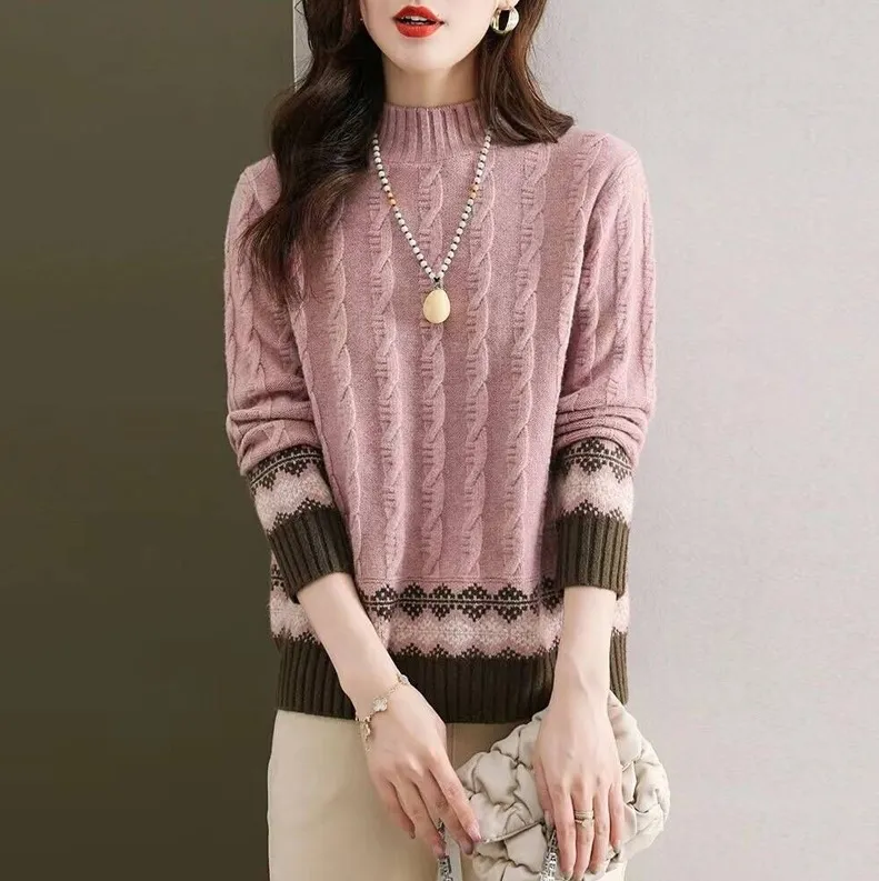 Women's Sweater Autumn And Winter New Half Turtleneck Twist Color Matching Shirt - Pink