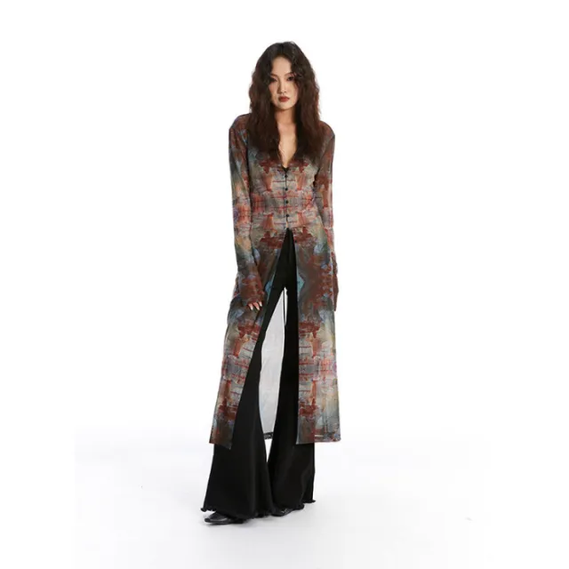Retro Oil Painting Print Long Coat Slim Niche Design Women - Shop at LoveMi