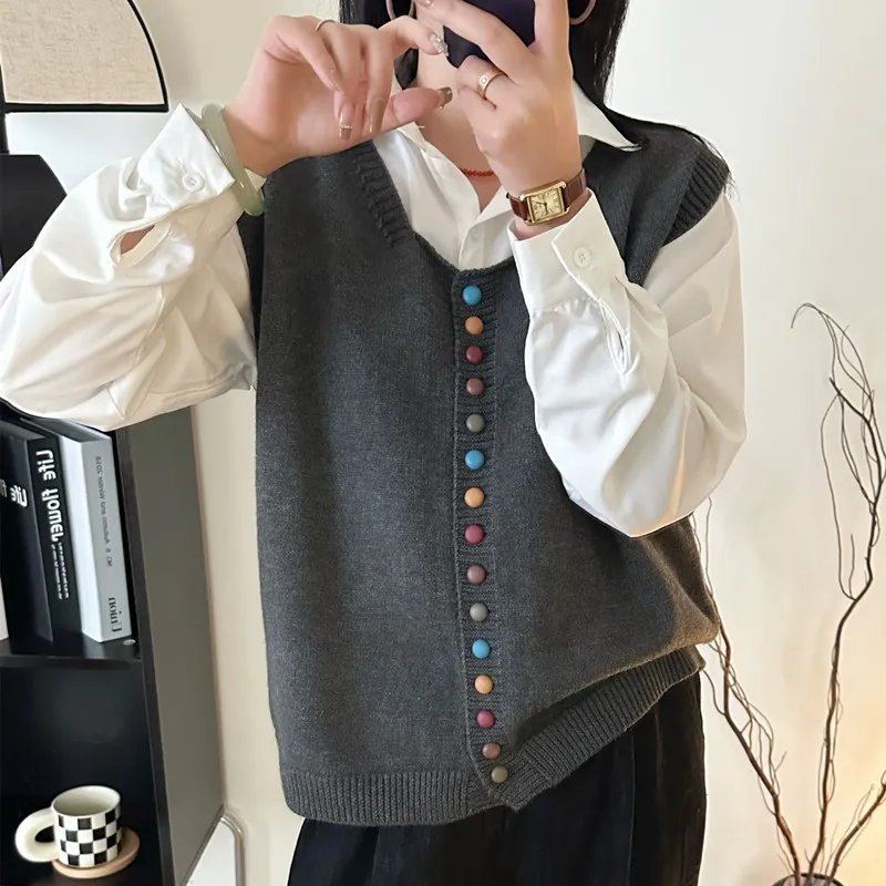 Knitted Vest Women's Spring And Autumn Outer Wear Cardigan - Dark Gray