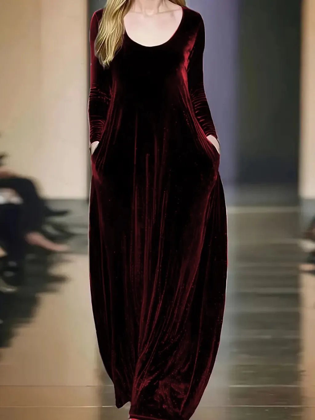 Autumn And Winter Gold Velvet Long Dress Round Neck - Gold