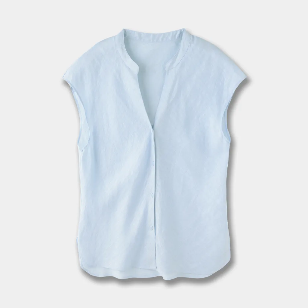 Minimalist Old Money Style Temperament Commute Style Pure Linen V-neck Sleeveless Shirt - Blue