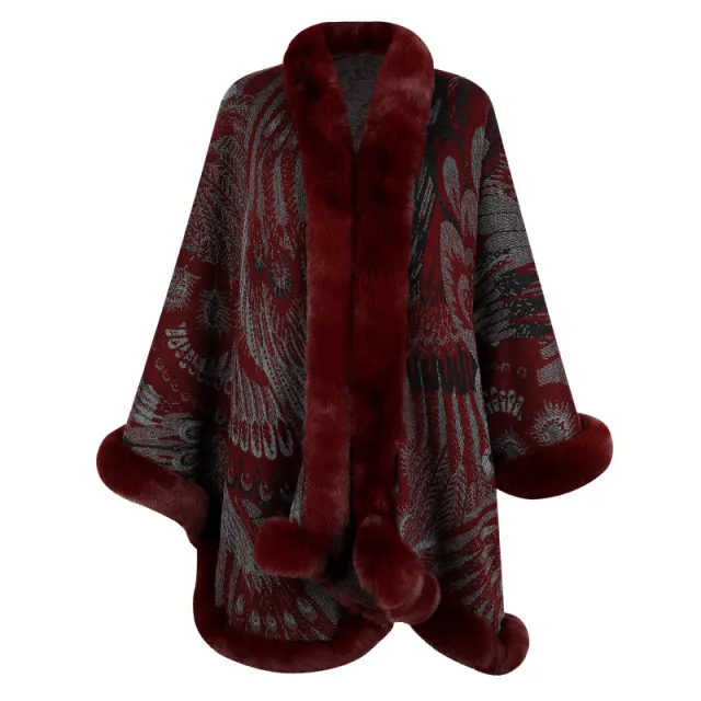 Aristolochia Ringens Knitted Cloak Female Thickening Warm Shawl Wine Red - Shop at LoveMi