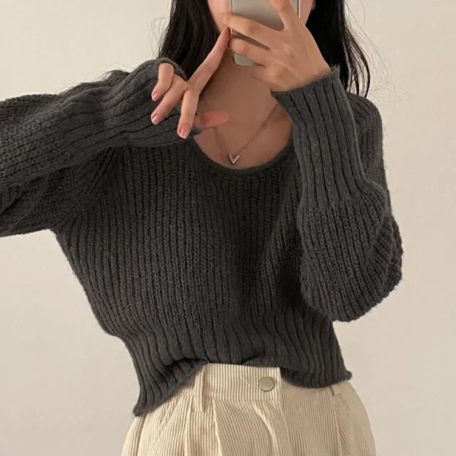 Square neck Cinched Slimming Pure Color All matching Fashionable Sweater Women Dark Gray - Shop at LoveMi