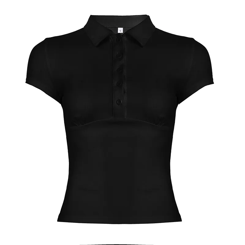 Solid Color Simple Single Row Button Slim Pullover Short Sleeve - Black