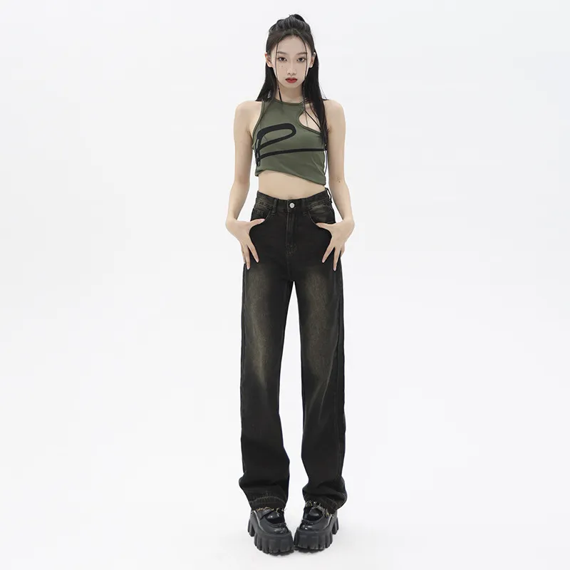 High Waist Wide Leg Jeans Women's Slimming Versatile Draping Retro Nostalgic Straight Mop Pants - Blue Trousers