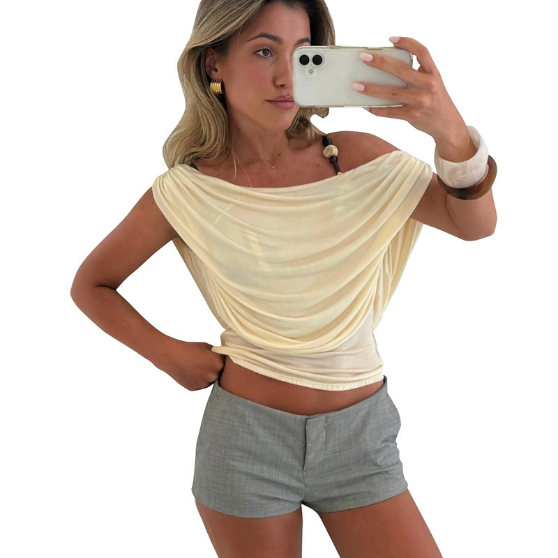 Solid-color Sleeveless Off-shoulder Boat-neck Backless T-shirt