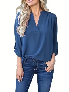 European And American Spring And Autumn V-neck Shoulder Pleated Long Sleeve Chiffon Shirt - Navy Blue - View 1